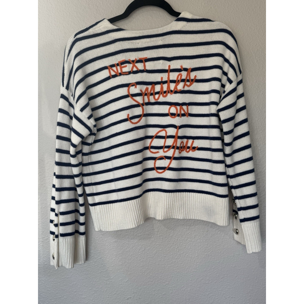 Kerri Rosenthal XOXO Knit Sweater Large Navy Ivory Stripe V Neck Button Cuff